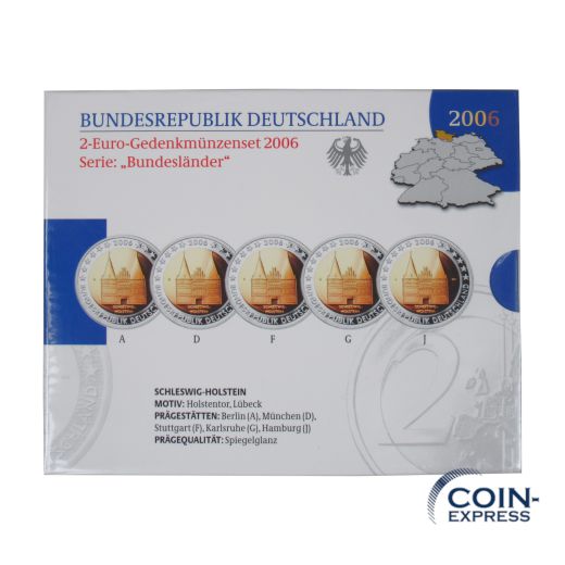 2 Euro Gedenkmünzenset Deutschland 2006 - Holstentor Lübeck - Spiegelglanz