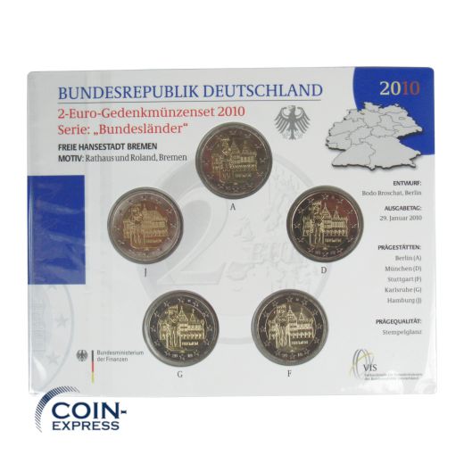 2 Euro Gedenkmünzenset Deutschland 2010 - Rathaus und Roland Bremen - Stempelglanz