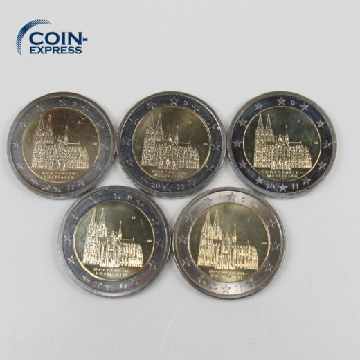 Alle 5 Stück 2 Euro Gedenkmünzen Deutschland 2011 - Kölner Dom - ADFGJ