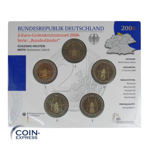 2 Euro Gedenkmünzenset Deutschland 2006 - Holstentor Lübeck - Stempelglanz