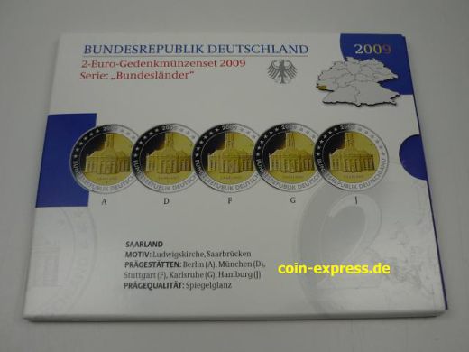 2 Euro Gedenkmünzenset Deutschland 2009 - Ludwigskirche Saarbrücken - Spiegelglanz