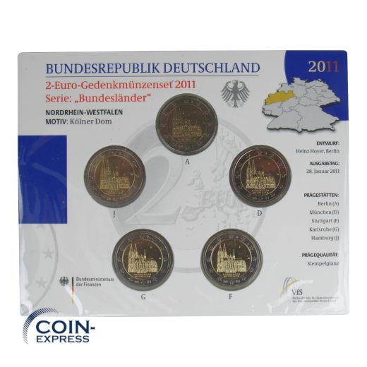 2 Euro Gedenkmünzenset Deutschland 2011 - Kölner Dom - Stempelglanz