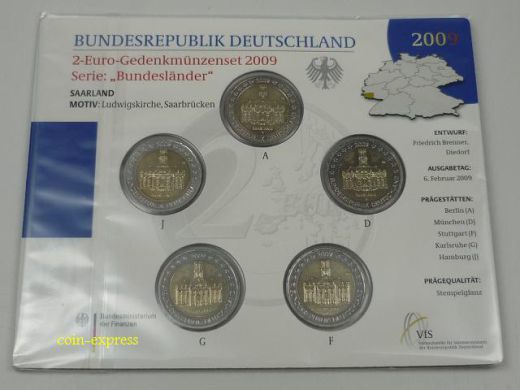 2 Euro Gedenkmünzenset Deutschland 2009 - Ludwigskirche Saarbrücken - Stempelglanz