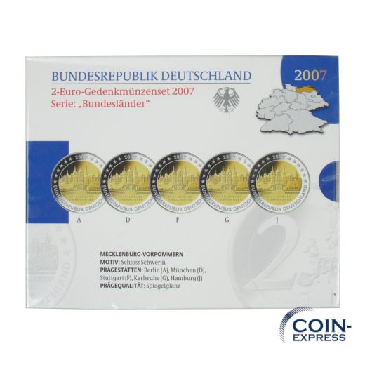 2 Euro Gedenkmünzenset Deutschland 2007 - Schloss Schwerin - Spiegelglanz