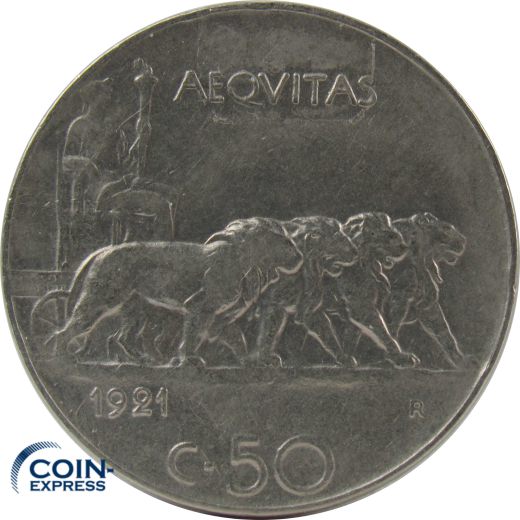 50 Centesimi Italien 1921 R - Löwen - glatter Rand!