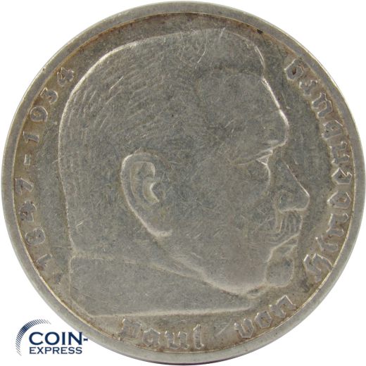 5 Reichsmark Deutsches Reich 1935 F Paul von Hindenburg mit Adler