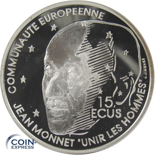 100 Francs - 15 Ecus Frankreich 1992 - Jean Monnet Silber