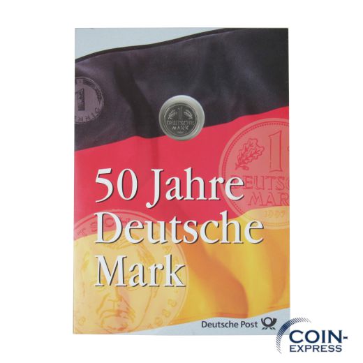 50 Jahre Deutsche Mark 1998 mit 1 DM Münze und Briefmarken