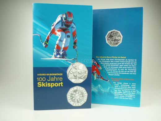 5 Euro Gedenkmünze Österreich 2005 - 100 Jahre Skisport - im Folder