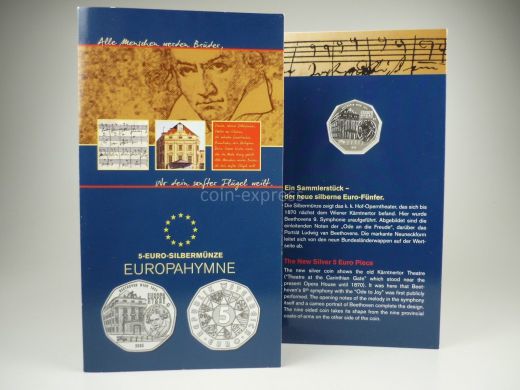 5 Euro Gedenkmünze Österreich 2005 Europahymne - im Folder